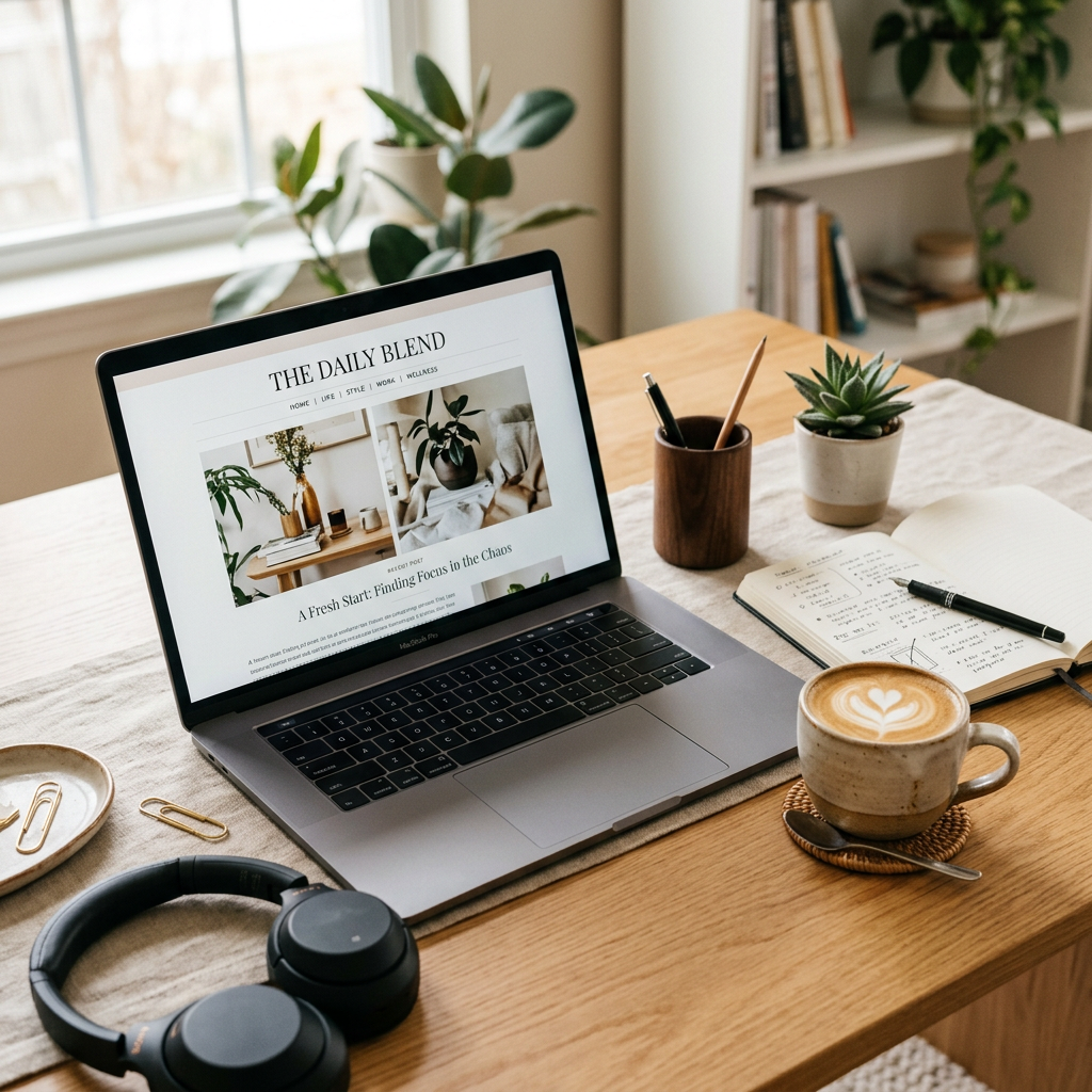 Home workspace with laptop showing a blog, notebook with pen, headphones, potted plants, and a cup of coffee with latte art